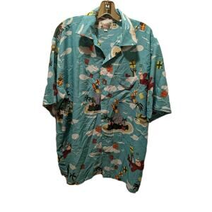 Hawaiian Santa Teal Button-up Shirt Size XL Waikiki Creations Christmas Holiday